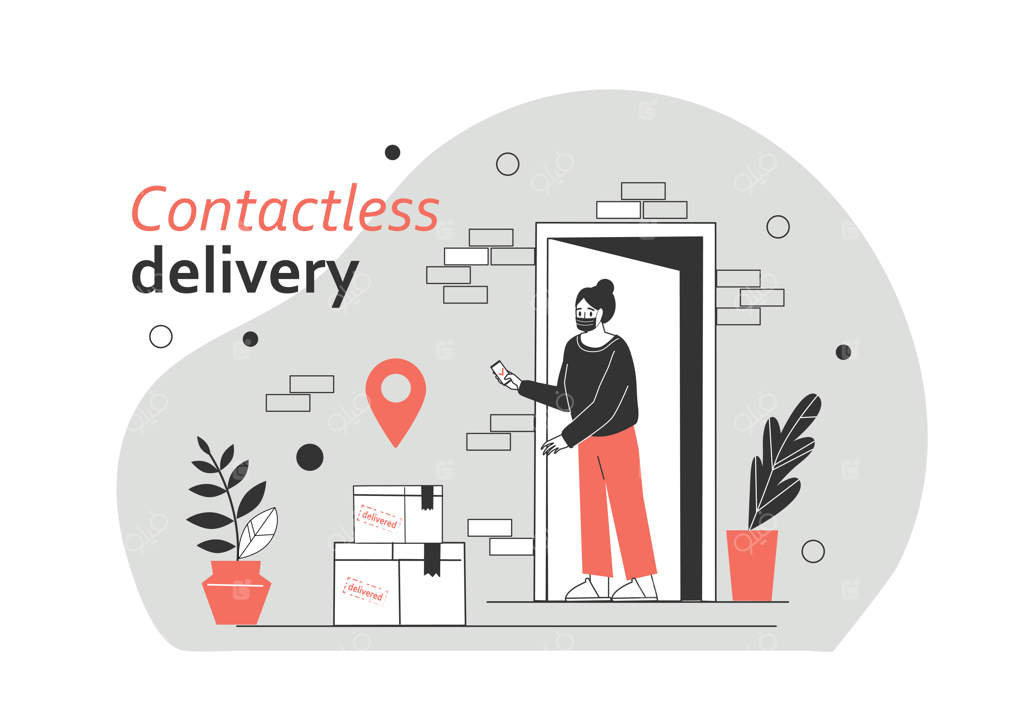 دختر با دریافت بسته‌ها به صورت تماس‌ناپذیر، بدون ملاقات با پیک، از خود در برابر کووید-۱۹ حفاظت می‌کند. تصویر برداری تخت.