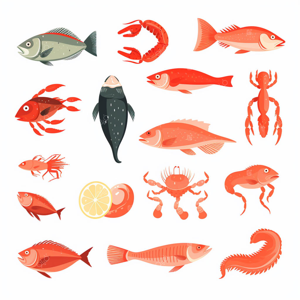 وکتور و تصویرسازی ماهی و غذای دریایی تازه؛ آیکون و طرح گرافیکی ایزوله برای رستوران