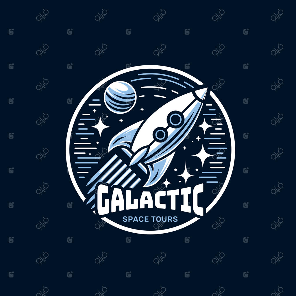 لوگوی موشک فضایی رترو با ستاره‌ها و سیاره برای برند آینده‌نگر یا پروژه‌ فضایی