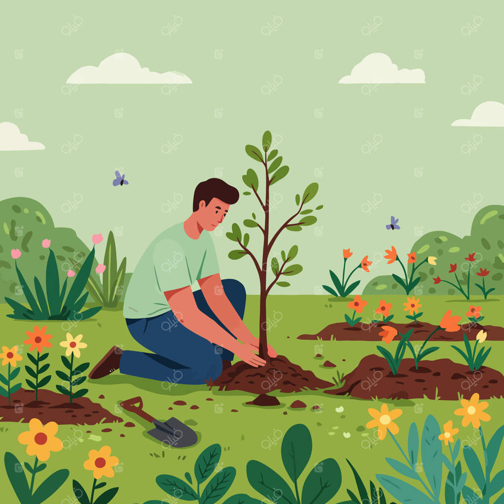تصویری از مردی که در باغ با گل‌ها و پروانه در حال کاشتن درخت است