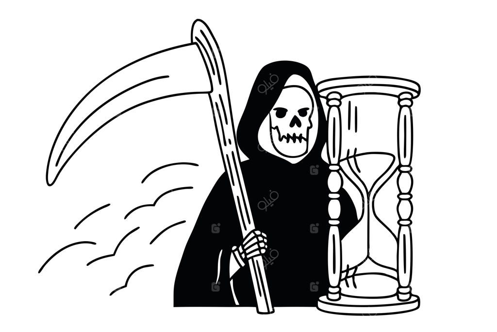 تصویرسازی وکتور خطی از فرشته مرگ (نگهبان زمان) با ساعت شنی، نمادی از پایان زندگی