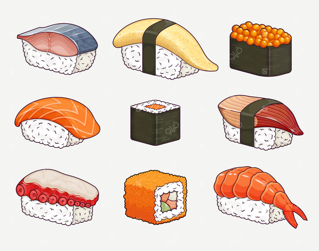 سرو سنتی سوشی ژاپنی: شامل رول‌ها، سبا، کازونوکو، ایکورا، ساکه، ماکی، هوکیگای، تاکو، توبیکو و ابی. تصویرسازی