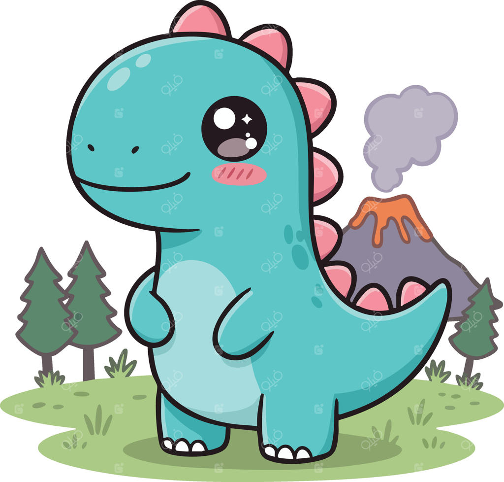 تصویر کارتونی دایناسور آبی بامزه در کنار آتشفشان فعال و درختان کاج در منظره‌ای شاداب و رنگارنگ