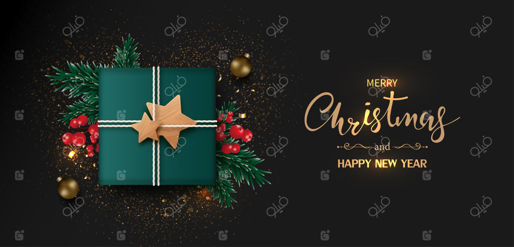 بنر کریسمس با جعبه هدیه در پس‌زمینه سیاه.