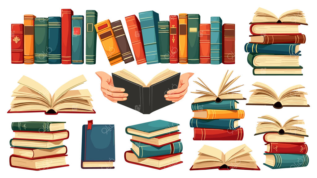 کتاب‌های روی هم برای مطالعه، شامل توده‌ای از کتاب‌های درسی برای آموزش، در یک تصویر تخت رنگی با پس‌زمینه سفید.