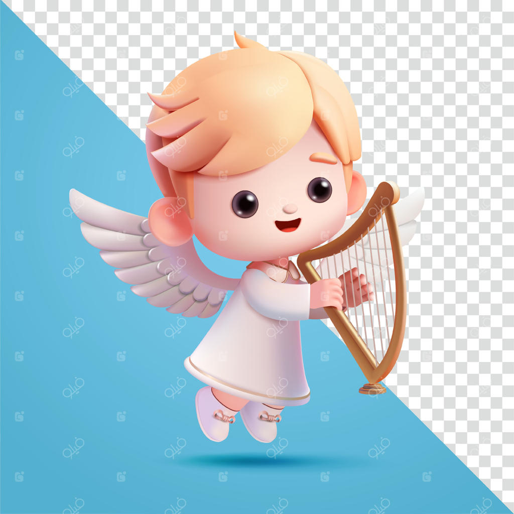 کودک فرشته زیبا در حال نواختن چنگ، سه بعدی. مناسب برای مراسم، تبلیغات، ولنتاین و عشق