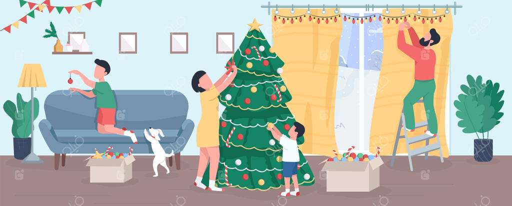 تصویر نیمه مسطح تزیین درخت کریسمس توسط خانواده - شب سال نو در خانه