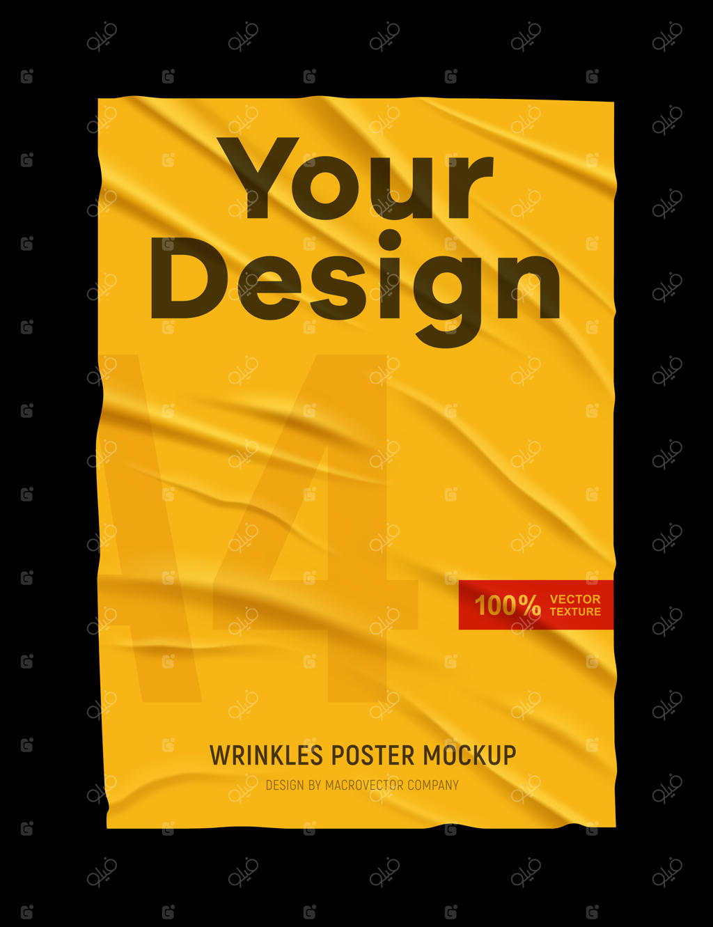 بافت پوستری از کاغذ زرد مچاله‌شده و چسب‌خورده با چروک‌های زیاد و زمینه‌ی سیاه