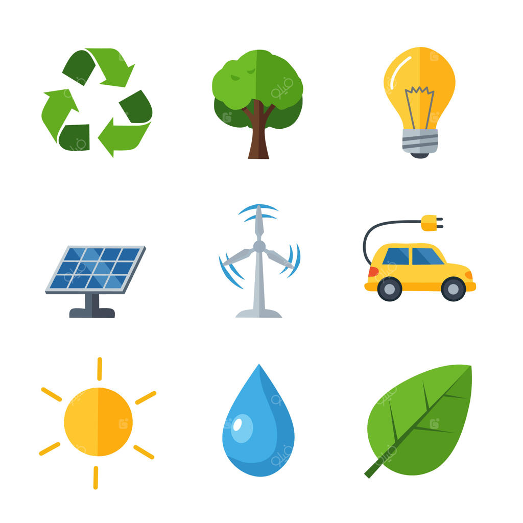 مجموعه آیکون‌های طراحی تخت و سازگار با محیط زیست شامل نمادهای پایداری: بازیافت، درخت، لامپ، پنل خورشیدی، توربین بادی، خودروی الکتریکی، خورشید، قطره آب و برگ