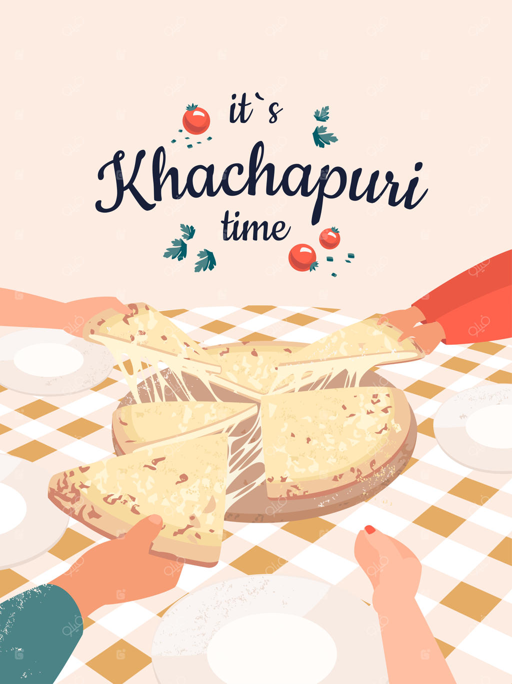 تصویر وکتور با دستان زیادی که خاچاپوری را گرفته‌اند و نوشتهٔ "وقت خاچاپوریه!"