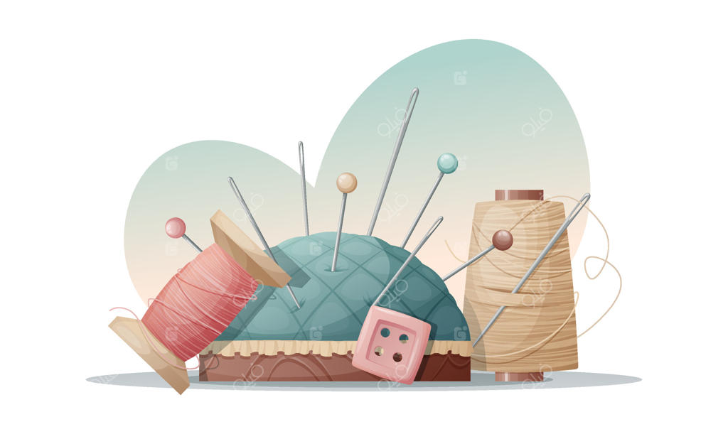 تصویرسازی بالشتک سوزن، سنجاق، نخ و دکمه در پس‌زمینه سفید؛ ابزار خیاطی، سوزن‌دوزی و کاردستی