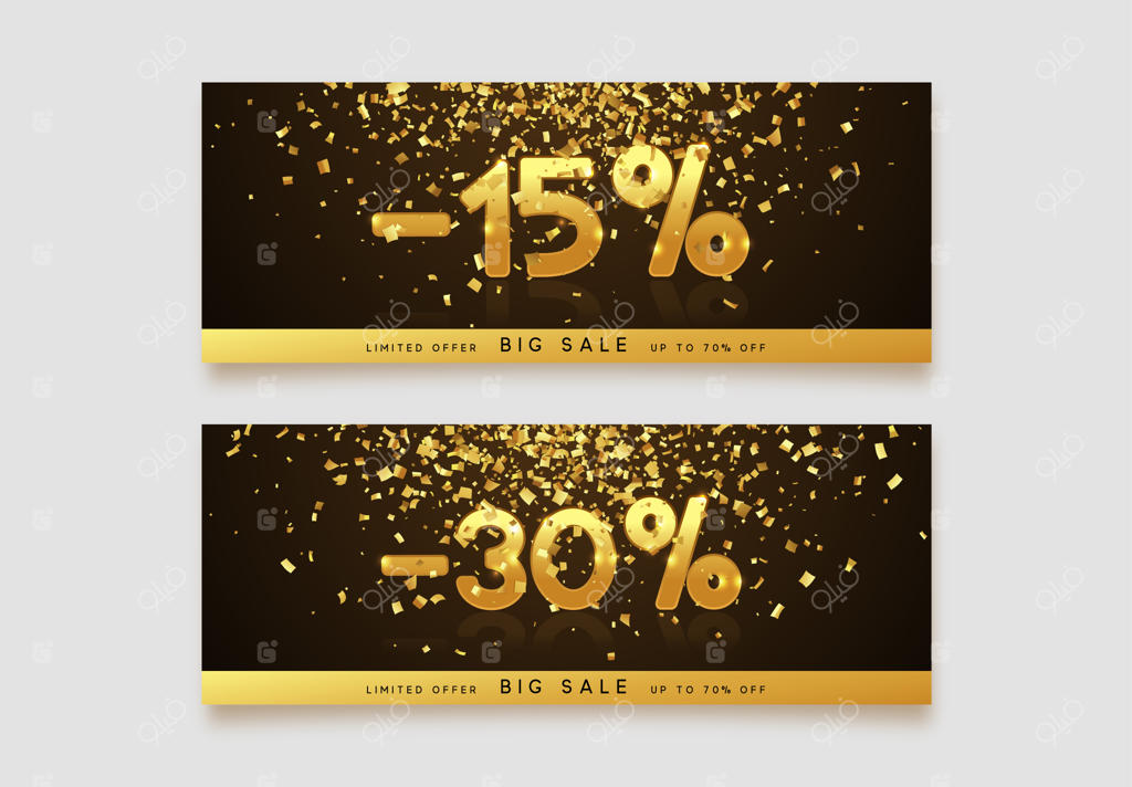 طراحی قالب کوپن تخفیف با تزئینات طلایی. کارت کوپن، قالب بنر فروش. تصویرسازی تخفیف ۱۵ و ۳۰ درصدی.