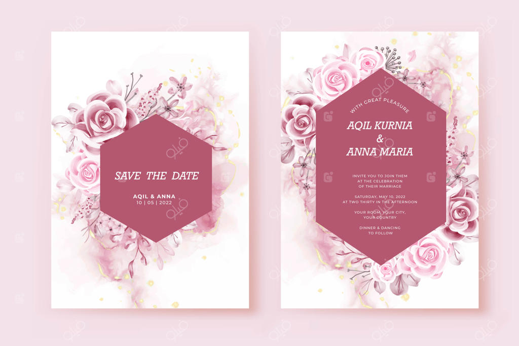 کارت دعوت عروسی گلدار صورتی شش ضلعی لوکس