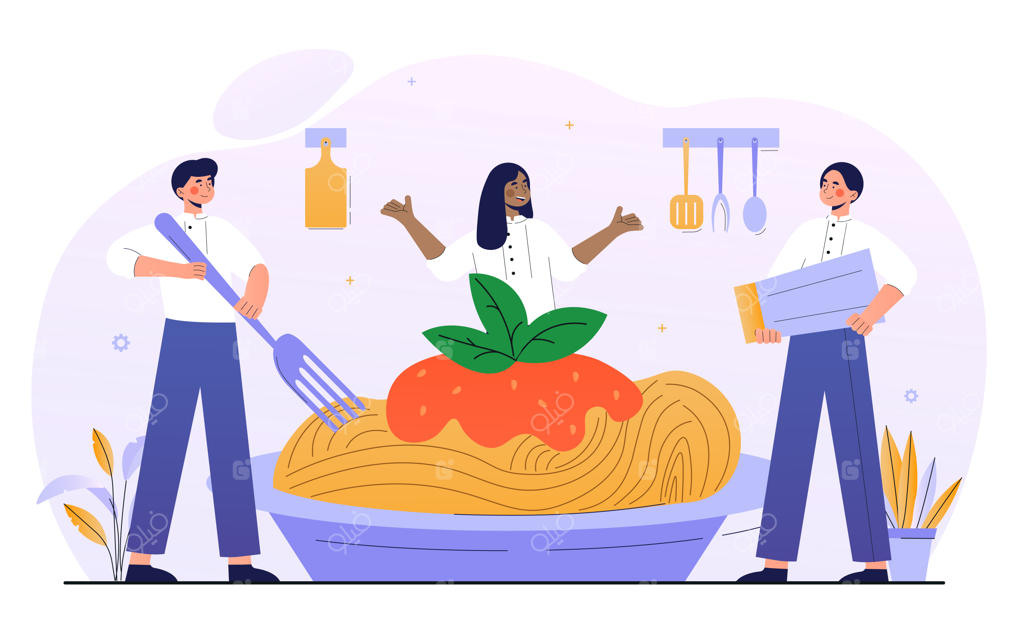 گروهی از آشپزهای زن و مرد خندان در حال پختن اسپاگتی برای شام