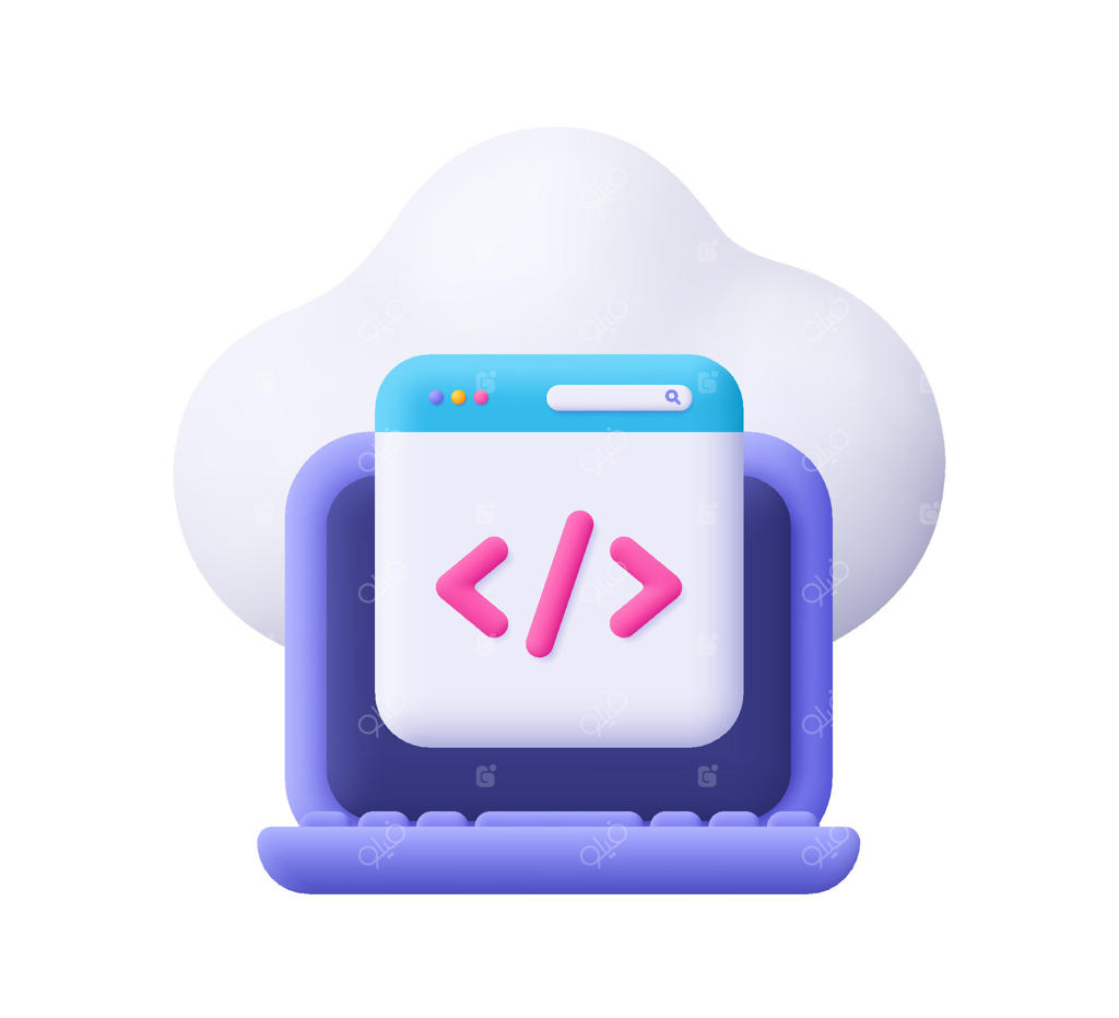 نماد رایانه لپ‌تاپ با کد و ابر: مفهوم کلان‌داده، توسعه وب، مهندسی نرم‌افزار و برنامه‌نویسی. آیکون سه‌بعدی، سبک مینیمال کارتونی.