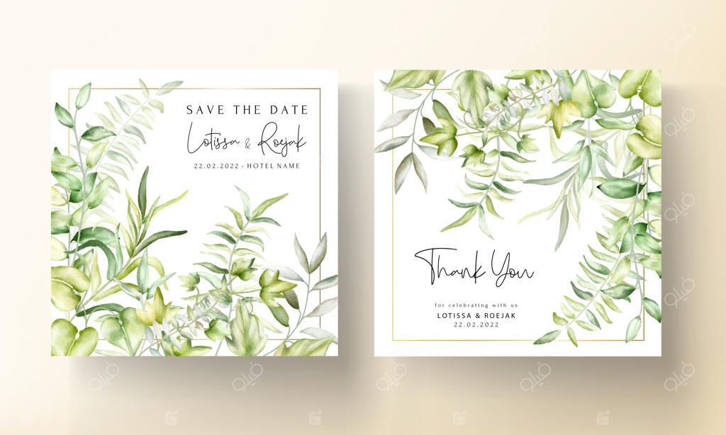 پترن کارت دعوت عروسی با طراحی زیبای برگ‌های آبرنگی