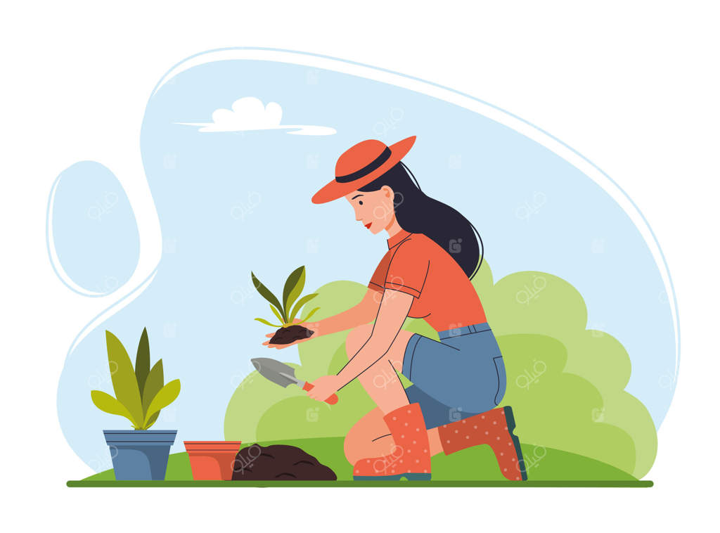 صحنه‌ای از یک زن کشاورز در حال کاشت نشاء در باغ.