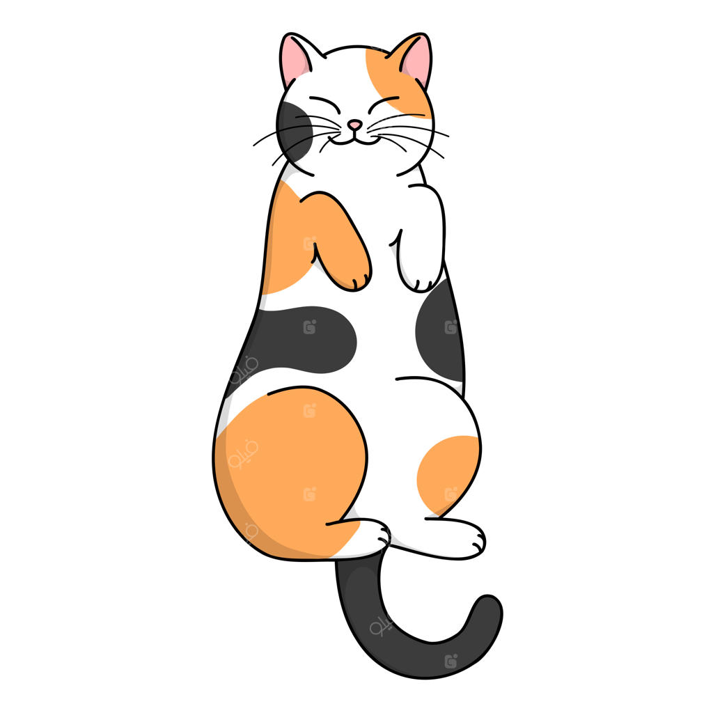 وکتور گربه کارتونی خال‌خالی و بامزه، خوابیده و خندان با پس‌زمینه سفید