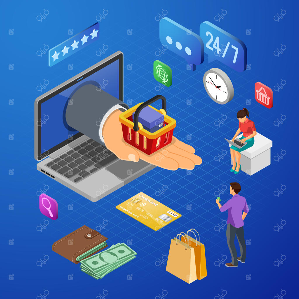 لپ‌تاپ با دست، چرخ خرید، پول و افراد: مفهوم خرید اینترنتی و پرداخت الکترونیکی آنلاین، آیکون‌های ایزومتریک.