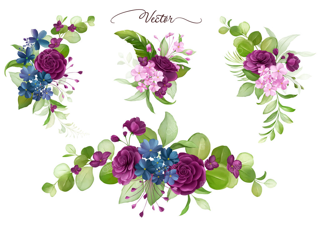 فریم و آرایش‌های گل آبرنگی با عناصر رزهای بنفش