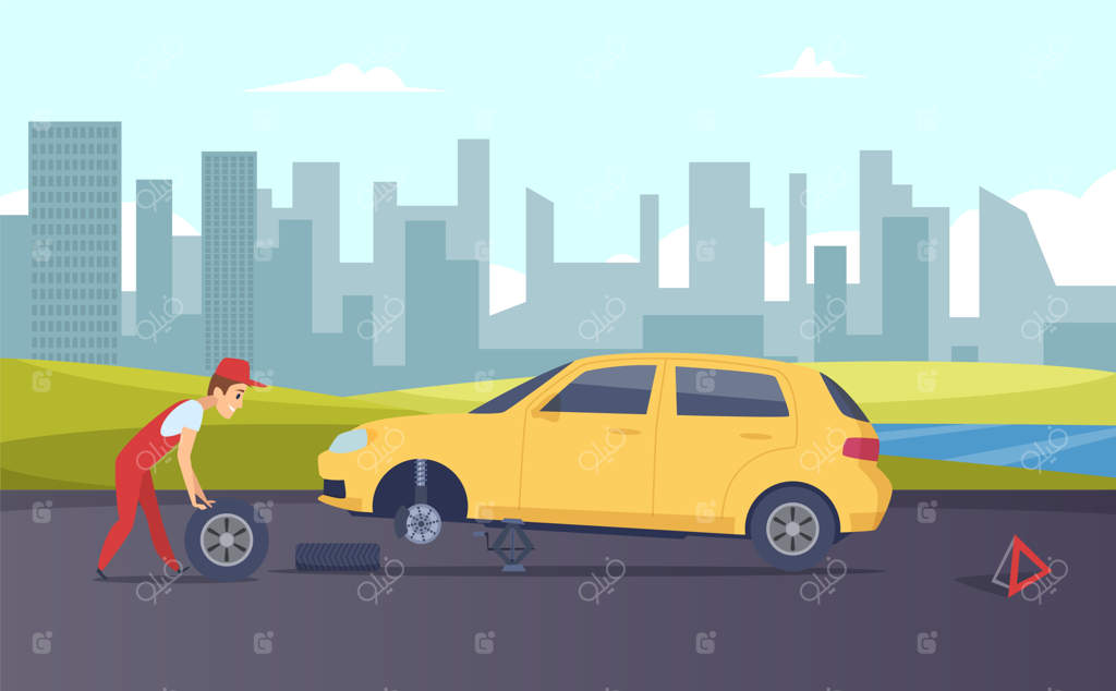 کمک جاده‌ای: خدمات تعویض تایر. مکانیک کارتونی در حال تعویض چرخ‌های ماشین در جاده
