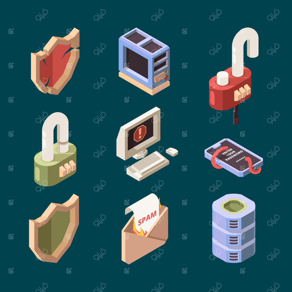 هکر ایزومتریک: امنیت سایبری، حملات ایمیل اسپم و ویروس‌های کامپیوتری، حملات DDoS آنلاین و حفاظت از اطلاعات در شبکه‌های محلی. تصاویر برداری از امنیت کامپیوتر و نمادهای حملات تکنولوژی.