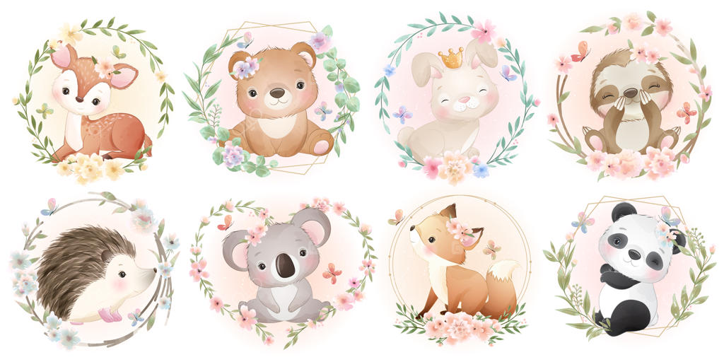 مجموعه حیوانات بامزه با طرح‌های گل