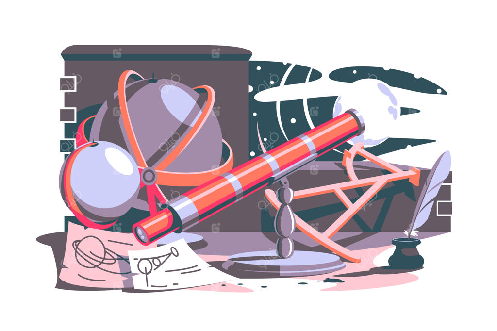 ابزارهایی برای کشف‌های جدید: تصویرسازی وکتور با کره زمین، تلسکوپ، تجهیزات خوشنویسی در سطح صاف - مفهوم آموزش و کشف‌های علمی