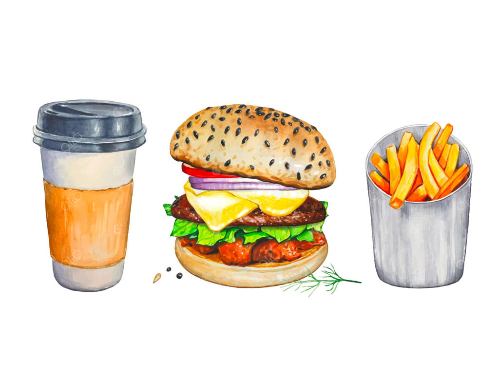 تصویر آبرنگی از برگر و سیب‌زمینی سرخ‌کرده با قهوه