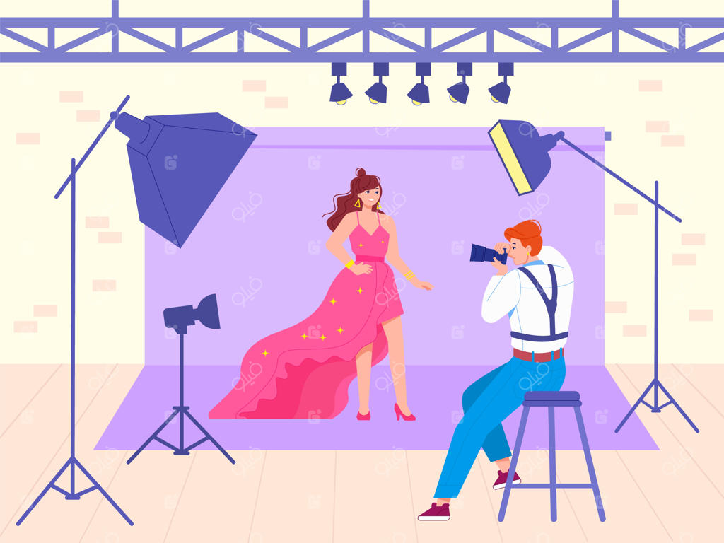 تصویر وکتور عکاس در حال عکاسی از مدل‌ها در جلسه کستینگ و پرتره فشن در فضای داخلی استودیو با پس‌زمینه شیک