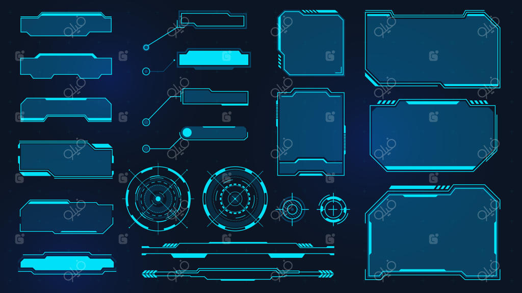 قاب‌های آینده‌نگر: صفحه نمایش مربع سایبرپانک، نکات، عنوان و رادار. جعبه اطلاعات دیجیتال و پنل رابط کاربری علمی – تخیلی. مجموعه‌ای از رابط‌های مجازی با پنل‌ها و پنجره‌های هولوگرافیک