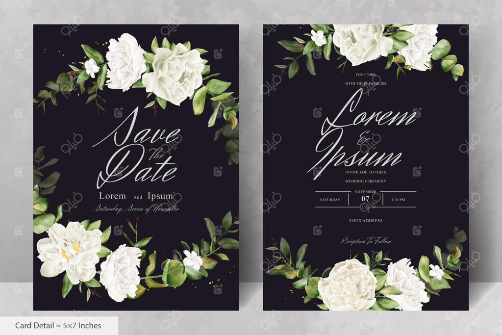 قالب کارت دعوت عروسی با طراحی دستی گل‌ها و برگ‌ها به سبک آبرنگ واقعی