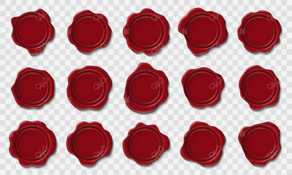 مهرهای مومی واقعی: مجموعه‌ای از مهرها با تمبر قرمز، نقش‌برجسته و نمادهای پستی کلاسیک