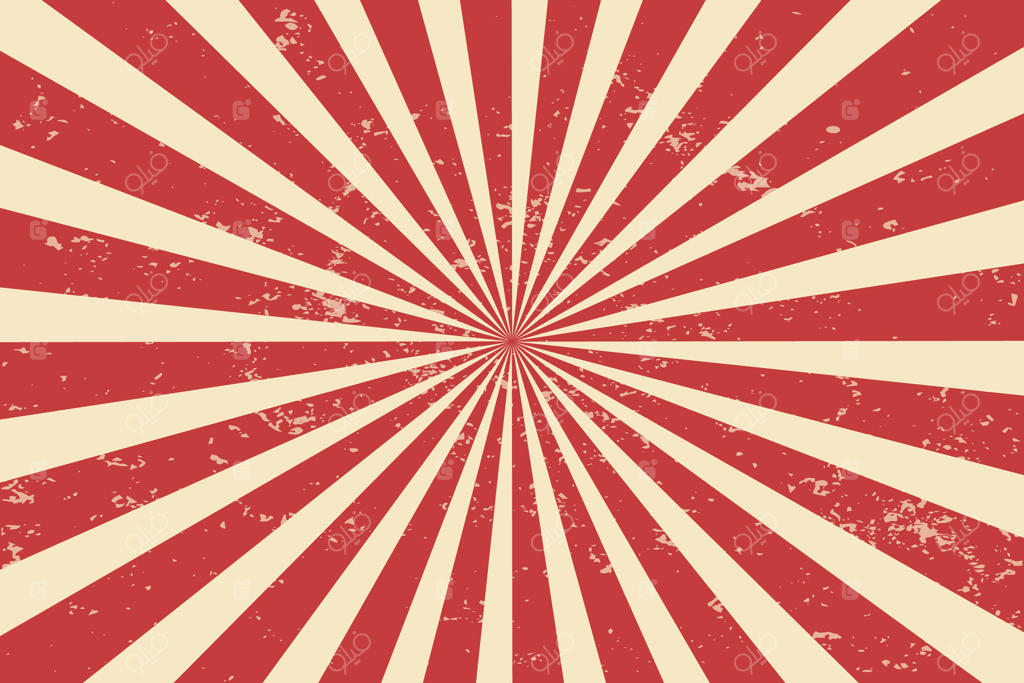 پس‌زمینه سیرک و الگوی پرتوی مارپیچی قدیمی. پوستر وینتج با خطوط شعاعی قرمز و سفید که به شکل خورشید یا ستاره منتشر می‌شود، همراه با بافت کهنه برای پس‌زمینه سیرک، کارناوال، جشنواره تابستانی یا چادر سیرک