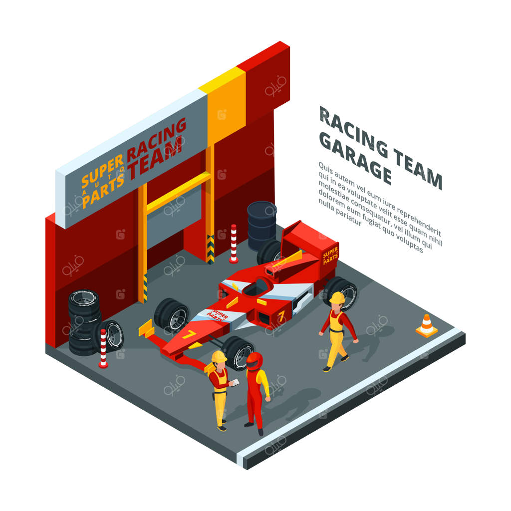 ماشین مسابقه در ایستگاه: ترکیب ایزومتریک روی پس‌زمینه سفید