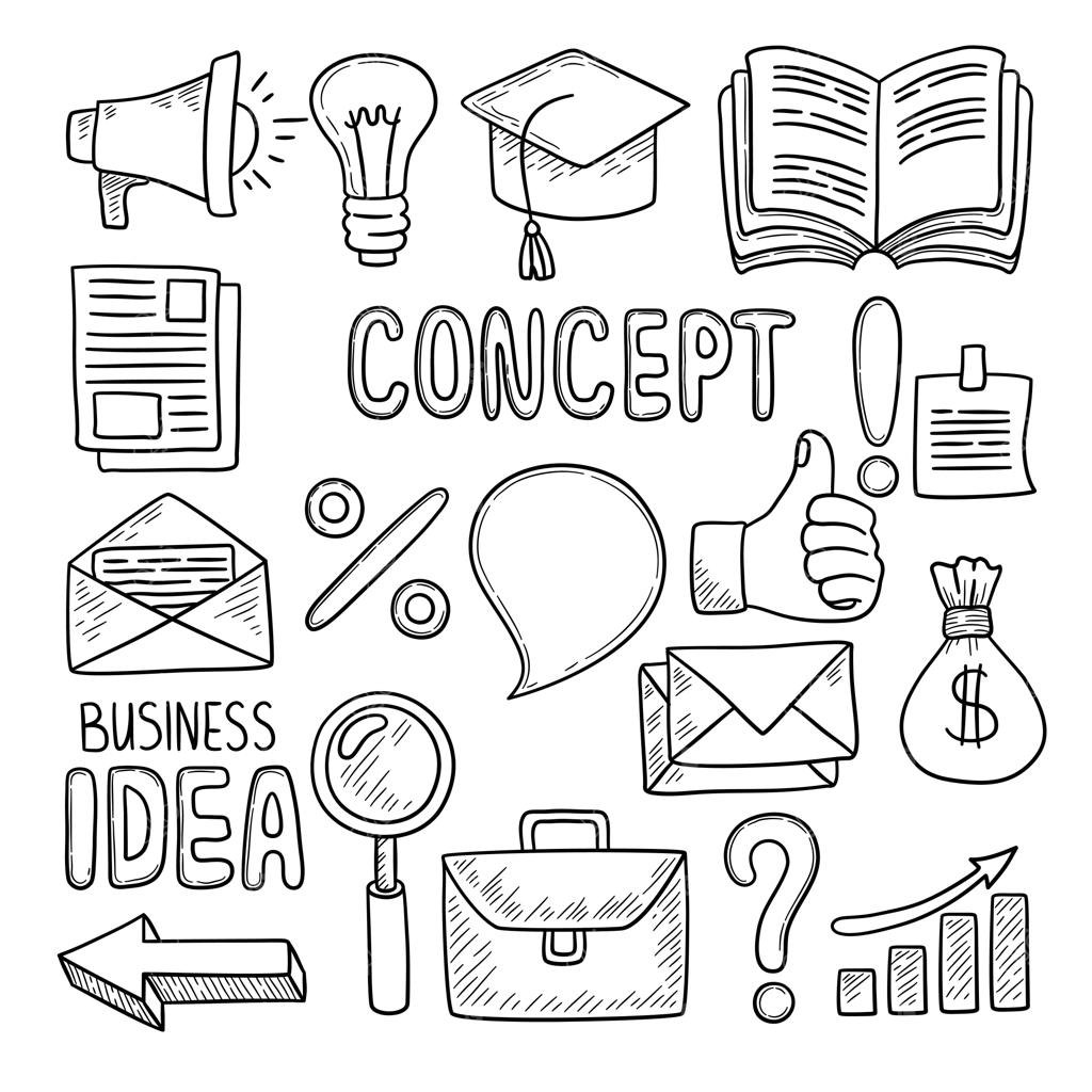 طرح‌های کسب‌وکار: نمادهای خلاقانه و دست‌کشیده ابزارهای اداری از جمله خودکار، کامپیوتر، یادداشت‌ها، تلفن همراه، دفترچه یادداشت و کیف دستی. عناصر دفتر شامل طرح‌های دفترچه، اسکچ‌ها و المان‌های مالی.