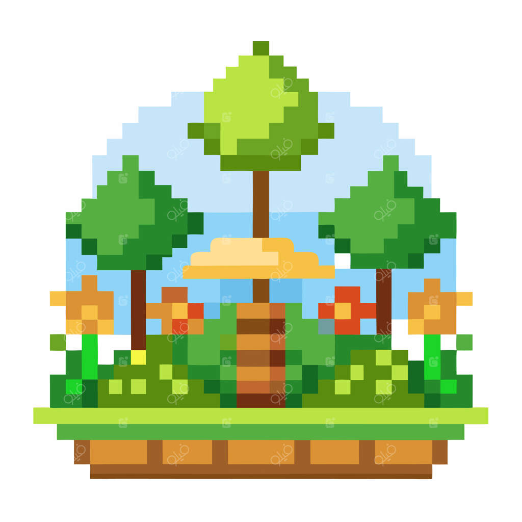 پیکسل آرت از درختان سرسبز و گل‌ها در یک باغ آفتابی