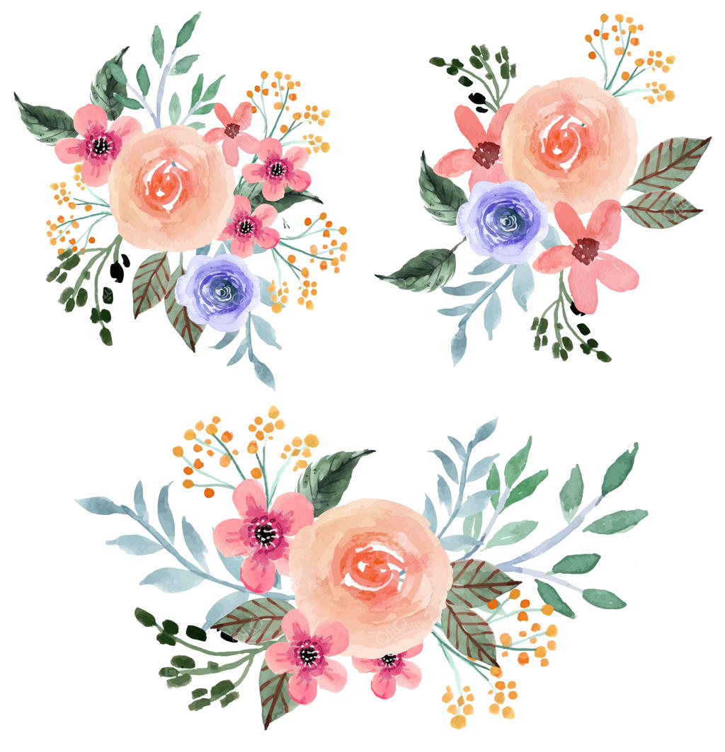 مجموعه‌ای از آرایش‌های گل‌های صورتی و بنفش نرم در آبرنگ