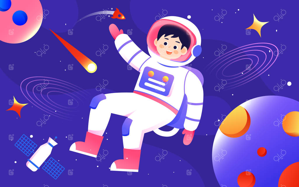 فضانورد با لباس فضایی در حال کار در فضا با منظره‌ای از کیهان و سیارات در پس‌زمینه، روزی که ماه به انسان تعلق دارد