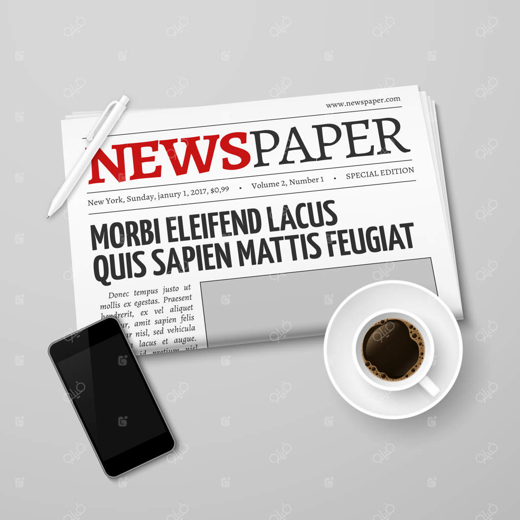 روزنامه، تابه، فنجان قهوه و گوشی هوشمند