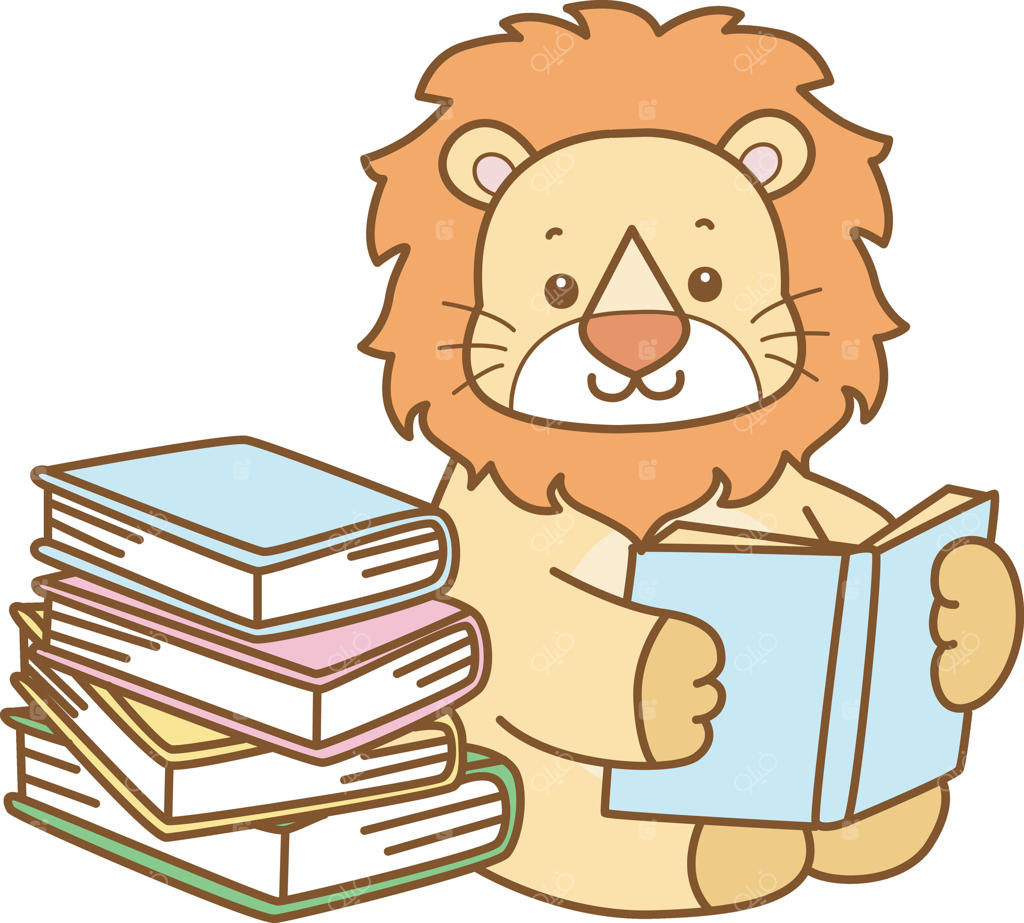 شیر بچه در حال کتاب خواندن. آیکون بامزه شیر. مجموعه تصاویر خنده‌دار شیر بچه. طراحی‌های لحظات زندگی شیر پشمالو.