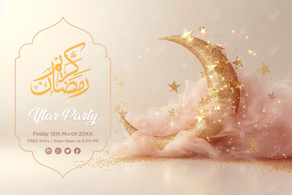 طراحی بنر ماه رمضان با فانوس‌های زیبا، ستاره‌های درخشان و خوشنویسی عربی شیک