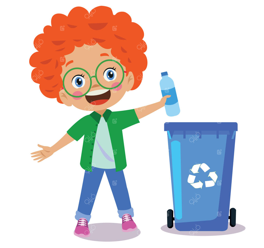 پسر بامزه زباله را در سطل بازیافت می‌اندازد