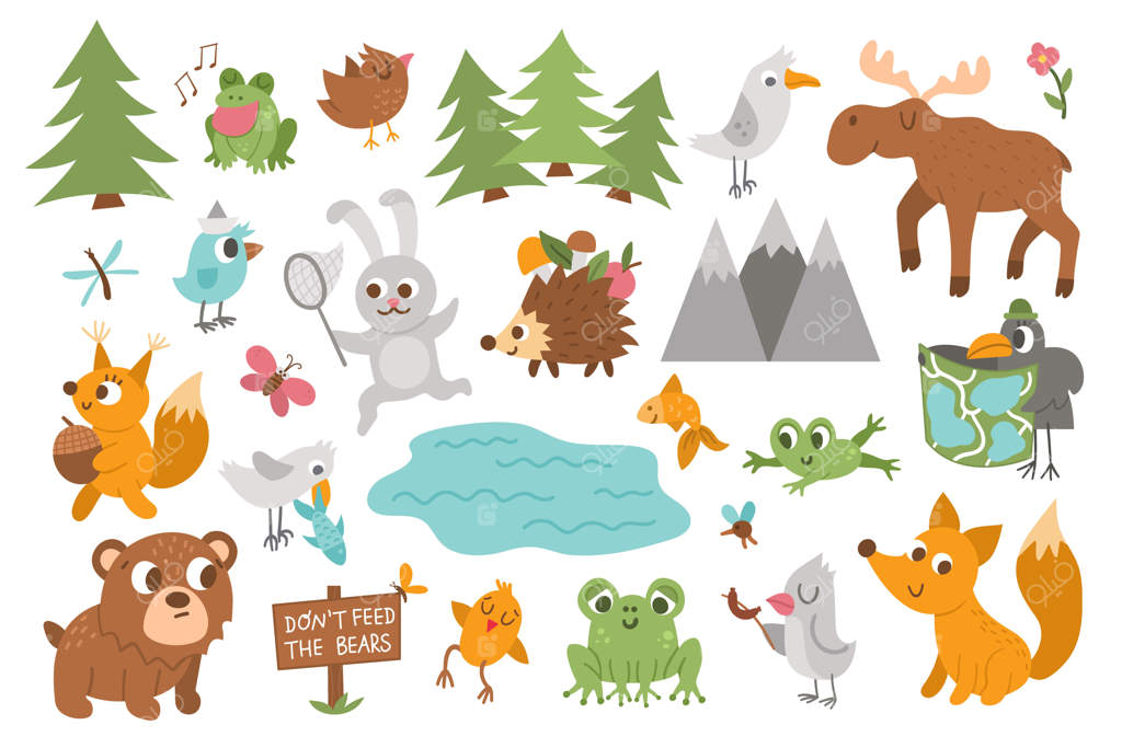 مجموعه‌ای از حیوانات، حشرات و پرندگان جنگلی وکتور - مجموعه‌ی بامزه‌ای از آیکون‌های جنگل و آتش اردو - تصویرسازی جذاب برای کودکان با کوه‌ها، درختان، گوزن شمالی، قورباغه، خرس، سنجاب، جوجه‌تیغی و روباه