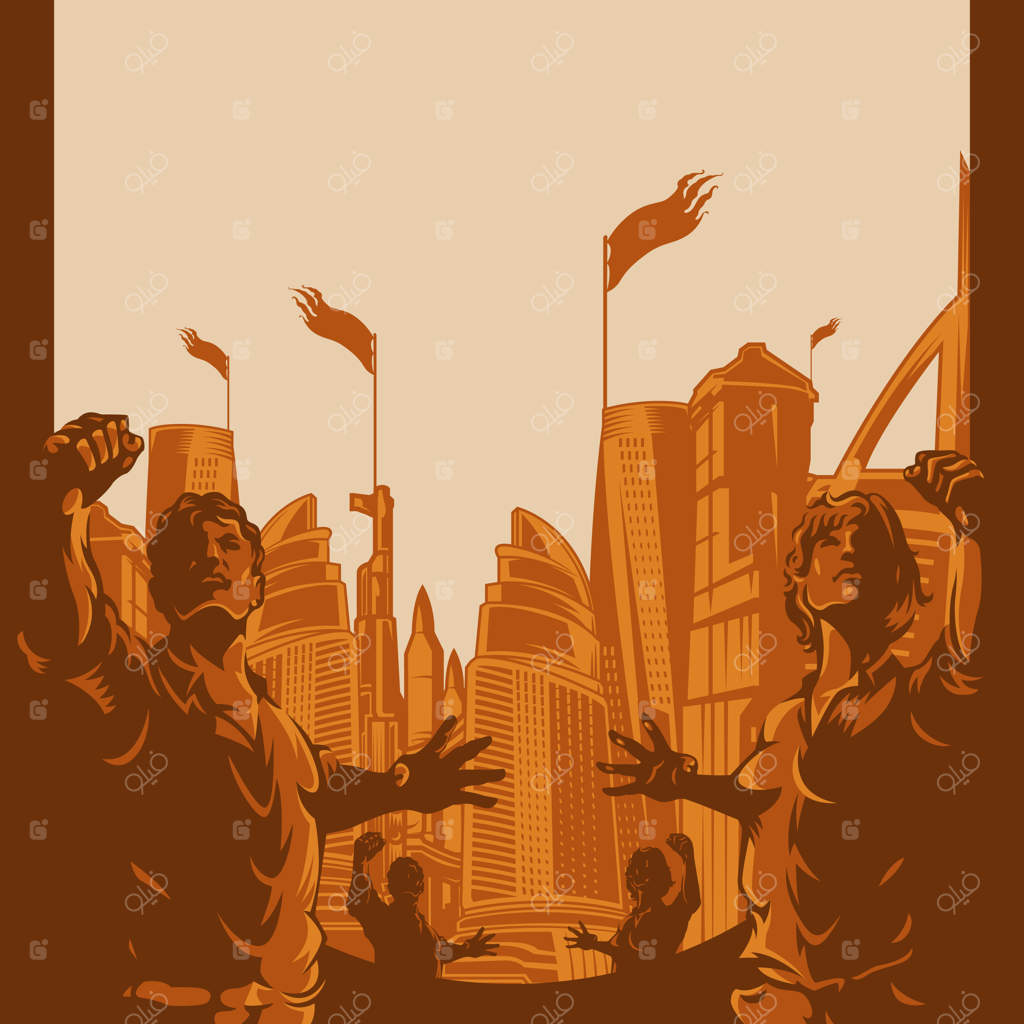 مردان و زنان با مشت‌های گره‌کرده در پس‌زمینه شهری اعتراض کردند