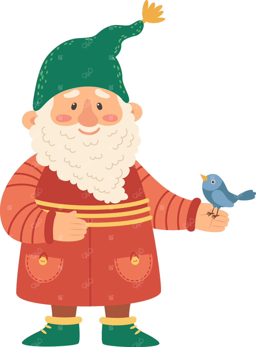 کوتوله باغ مهربان با ریش سفید بلند، کلاه سبز نوک‌تیز و کت نارنجی که یک پرنده آبی کوچک را با شادی در دستش گرفته و جذابیت و جادوی خاص خود را می‌پراکند