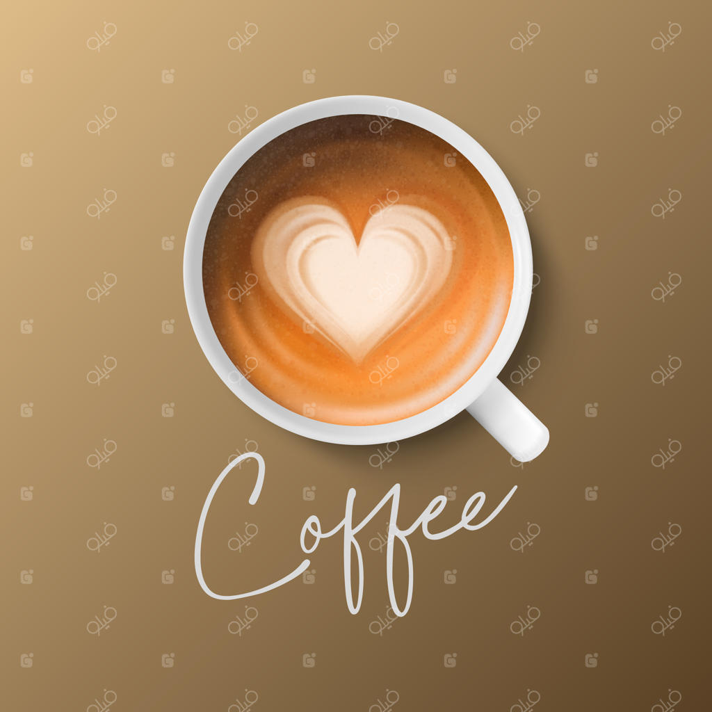 قالب طراحی ماگ سرامیکی سفید واقع‌گرایانه سه‌بعدی: نمای نزدیک از فنجان قهوه با طرح گل قلبی کاپوچینو بر زمینه قهوه‌ای از نمای بالا