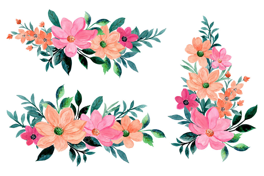 مجموعه دسته گل آبرنگی به رنگ صورتی و نارنجی