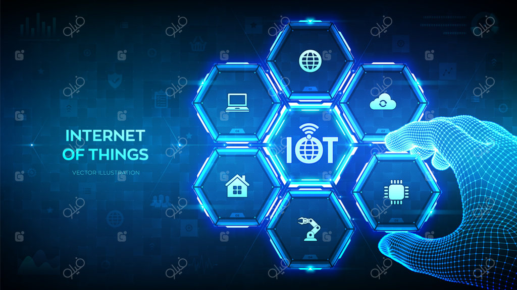 تصویرسازی وکتور تجسم اینترنت اشیا (IoT) و اتصال یکپارچه دستگاه‌ها، شبکه و کسب‌وکار: دستی در حال قرار دادن یک عنصر در ترکیب‌بندی وایرفریم اینترنتی