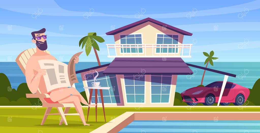 تاجر ثروتمند: تصویرسازی کارتونی از میلیاردر خوشحال با دلارها در دست